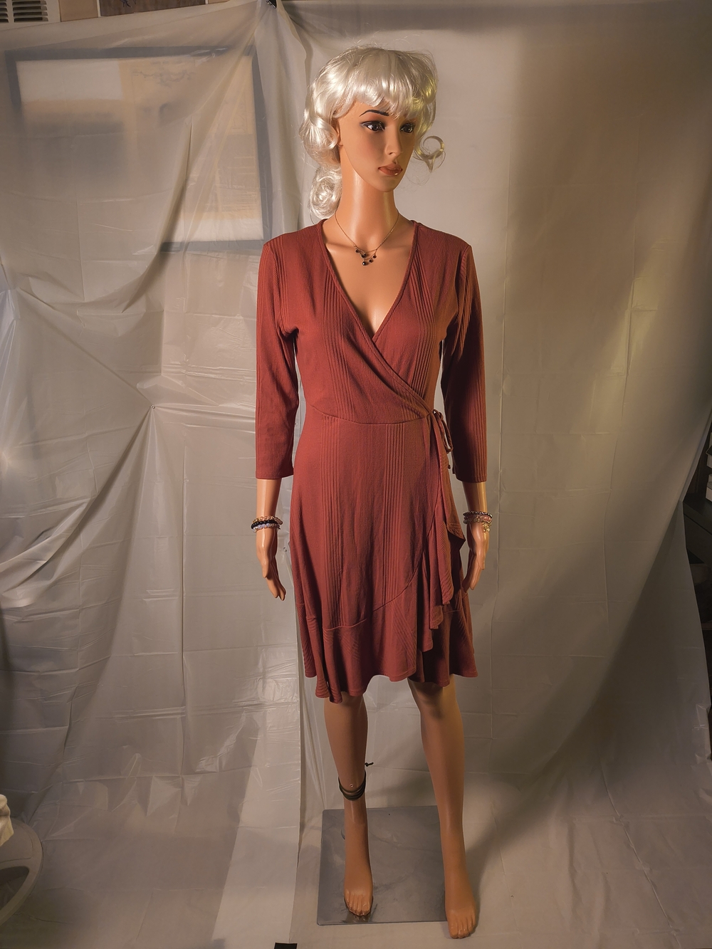 Alga Rust Wrap Dress M Ribbed Ruffle Hem 3/4 Sleeve Boho Fall